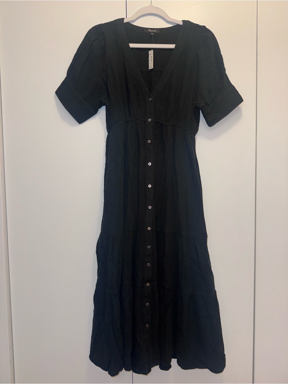 Madewell NWT Cotton Black Button-Front Maxi Dress Quarter Sleeve